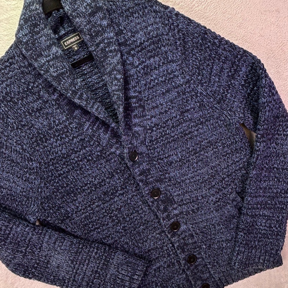Express Mens Cardigan Sz XL Blue Marled Shawl Collar Button Front Knit Sweater